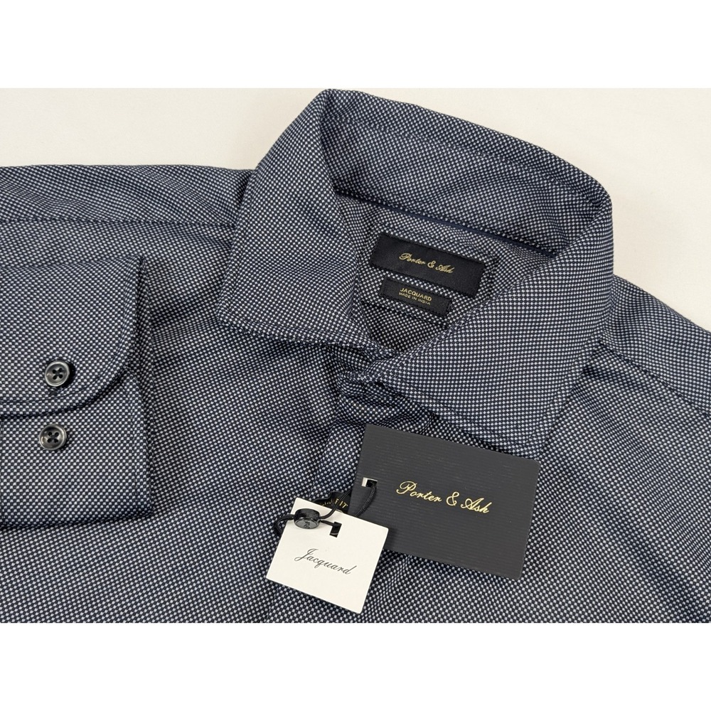 Porter Ash Shirt Jacquard Mens XL Slim Fit Blue Black Poka Dot Dress Viscose